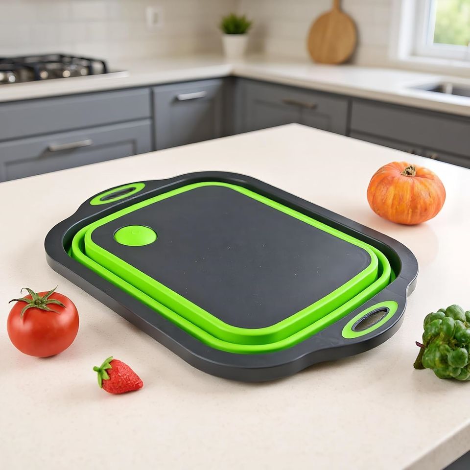 Foldable Plastic and Silicone Multifunctional Kitchen Cutting Board with Wash and Drain Basket for Fruits and Vegetables