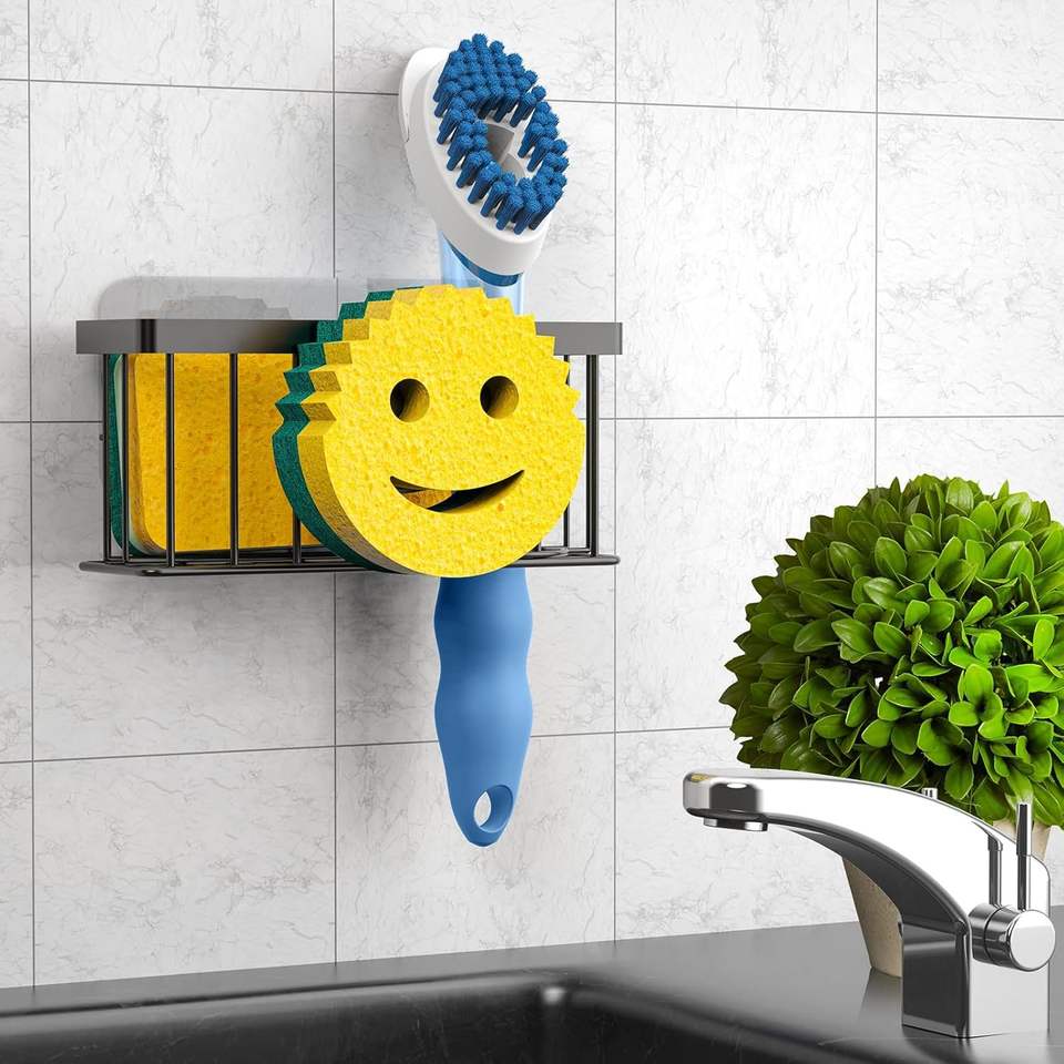 Smiley-Sponge Holder, Kitchen Sink Organizer with 2 Suction Cups/1 Adhesive Strip, Sink Drain Rack