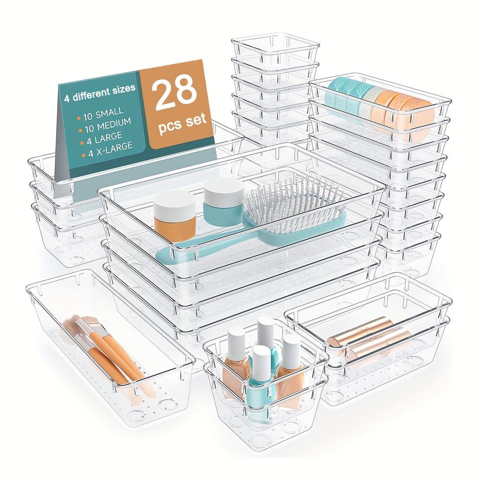 Multifunctional Transparent Drawer Organizer Set in 4 Sizes for Makeup/Jewelry/Office/Bathroom