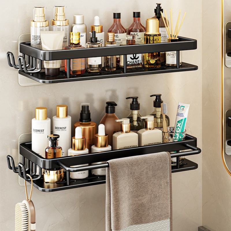 Black Bathroom Shelf Organizer Rack with Self-Adhesive Wall Mount for Bathroom Accessories