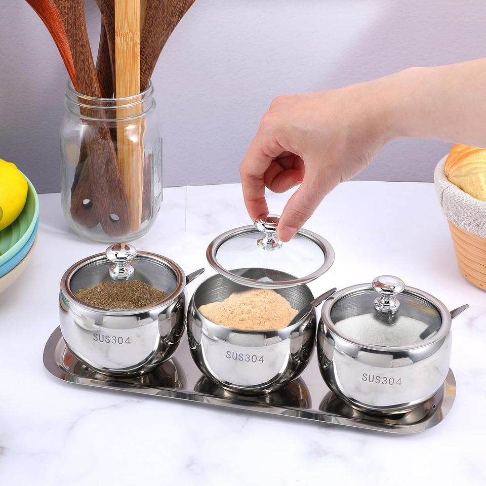 Stainless Steel Kitchen Spice Storage Bowls with Lid Spoon Herb Spice Tools Spice Holder Sugar Container Spice Organizer