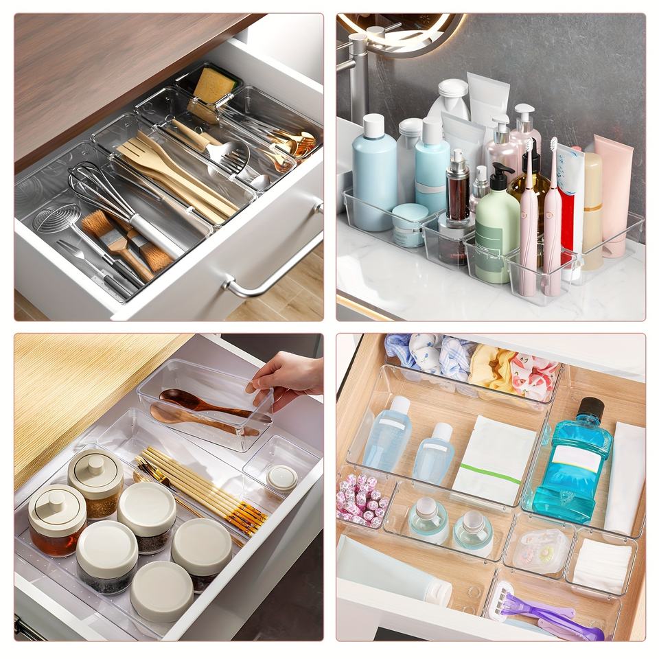 Clear Kitchen Drawer Organizer Set with Integrated Cabinet Organizer Stationery Cosmetic Organizer