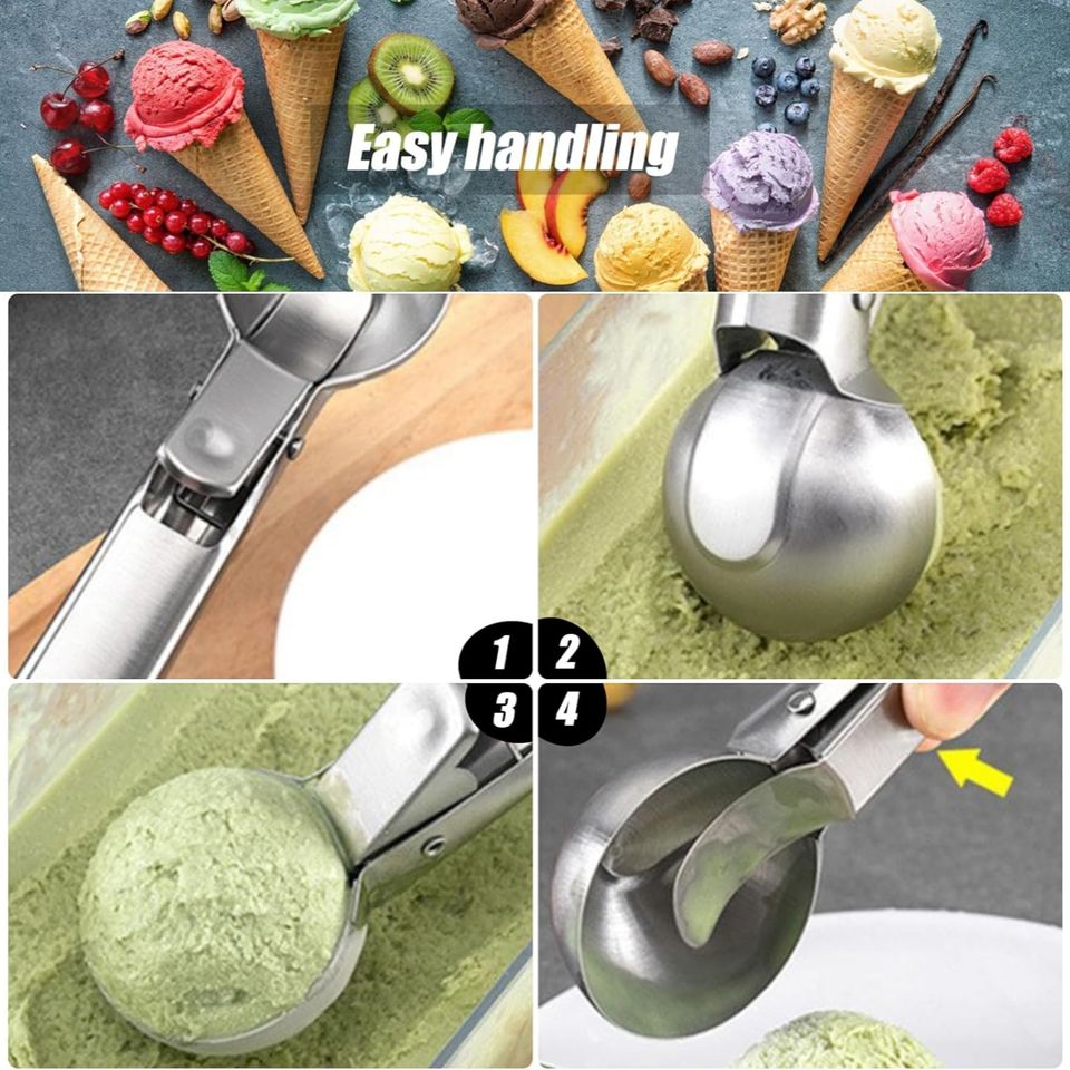 Stainless Steel Ice Cream Scoop with Trigger Release Kitchen Tool for Meatballs, Gelatos, Fruit Balls, Ice Cream Making, Melon Baller