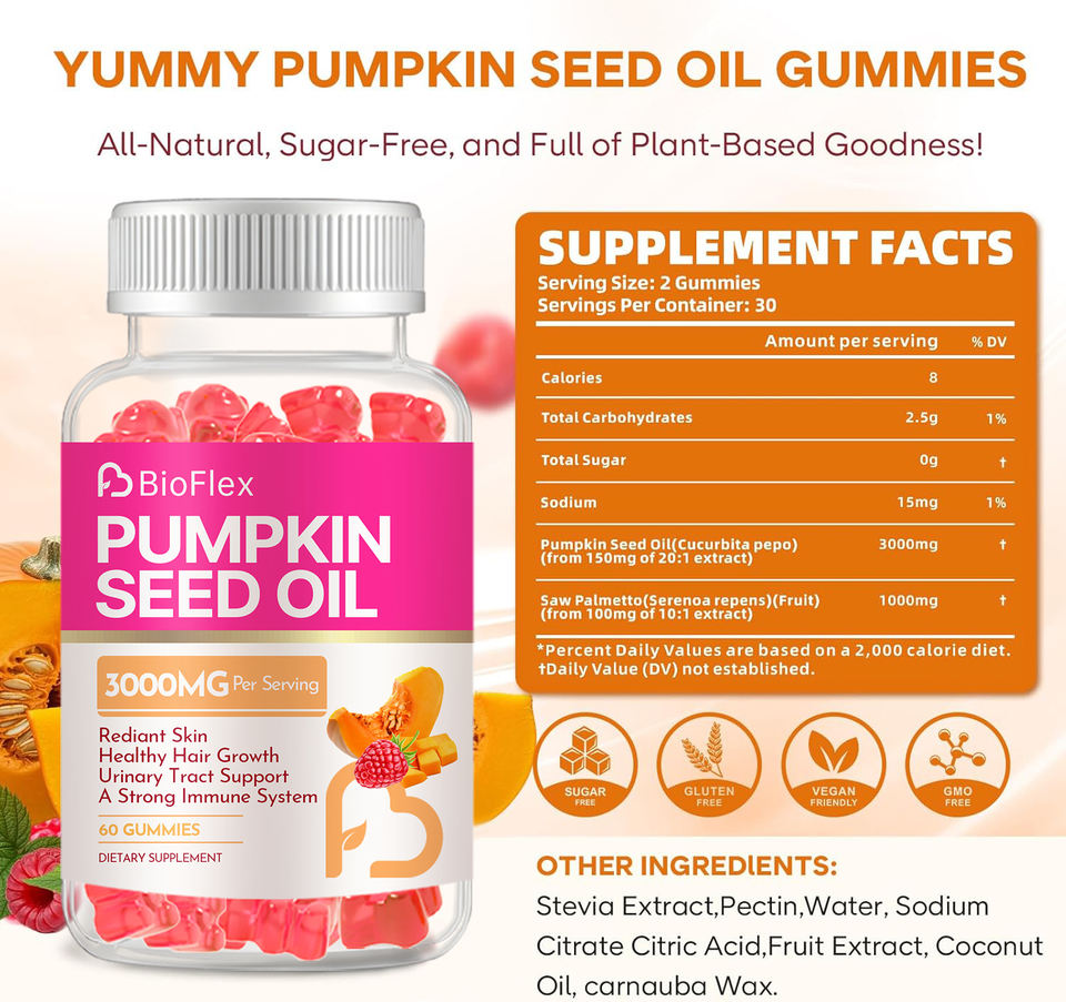 Private Label Pumpkin Seed Oil Gummies with Saw Palmetto Extract Hair, Skin & Nails Supplement for Men & Women