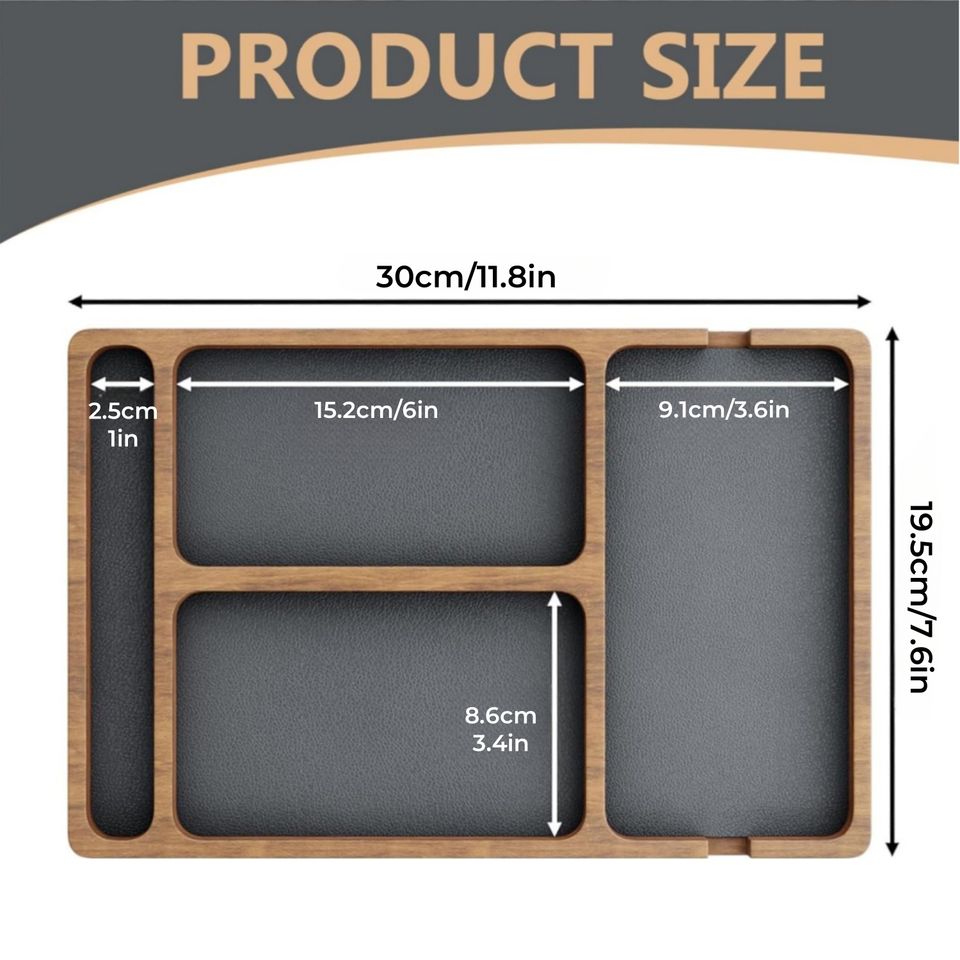 Elegant Durable Wood Drawer Organizer with Faux Leather Insert Multi-Compartment Desk Drawer Organizer for Keys Nightstand Storage Box