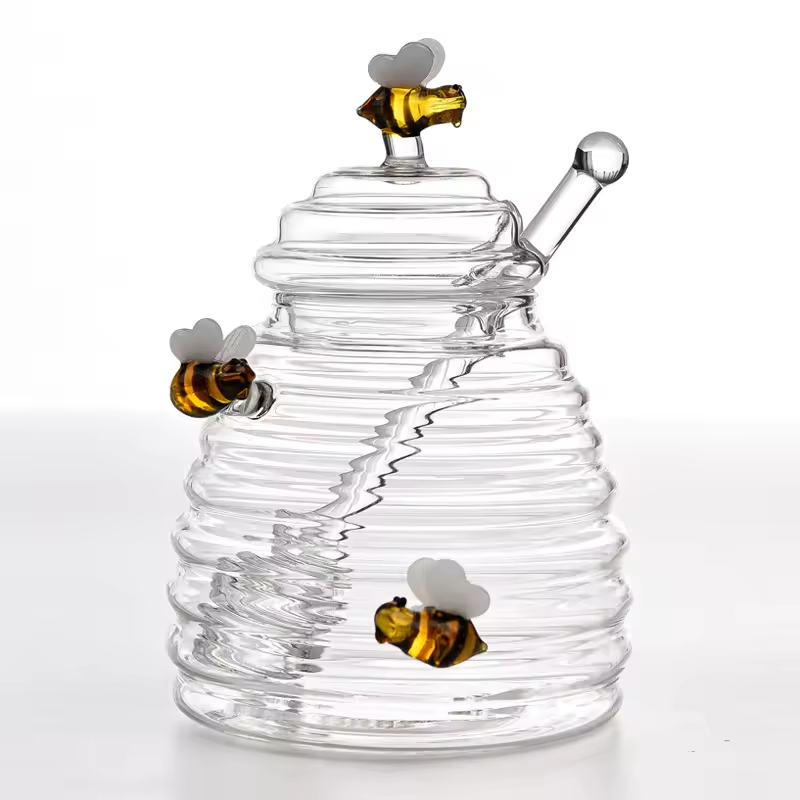 Bestselling Wholesale Honey Jars with Stirrer and Lid Unique Transparent Honey Dispenser Small Glass Jars for Honey