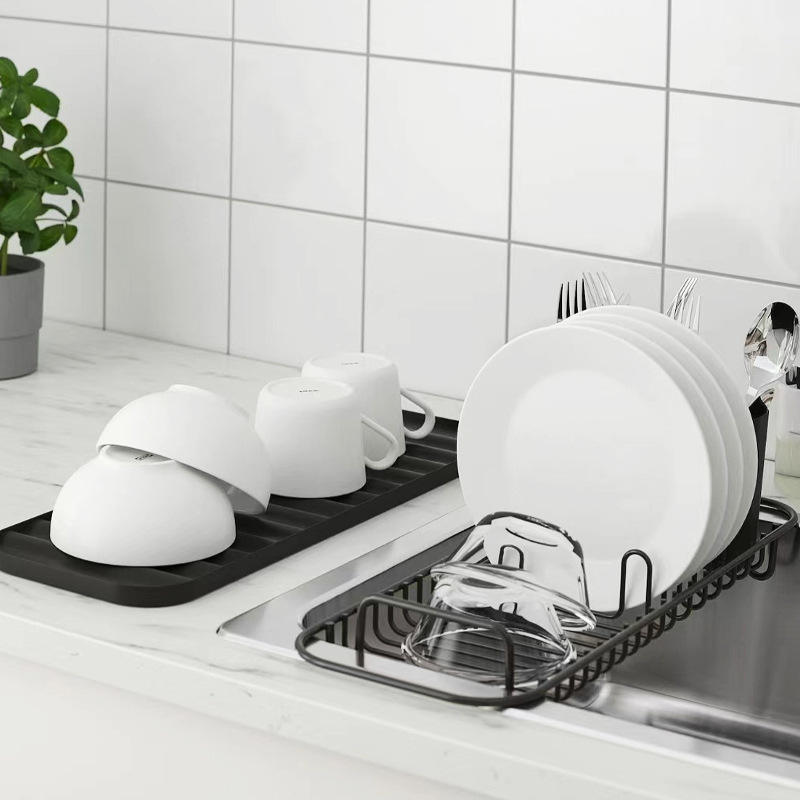 Multifunctional Dish Drying Rack with Draining Board, Removable Cutlery Holder, and Drip Trays