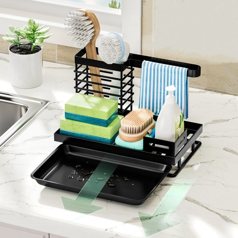 Metal Sink Caddy Sponge Holder for Kitchen Sink Shelf Countertop Brush Organizer and Towel Rack