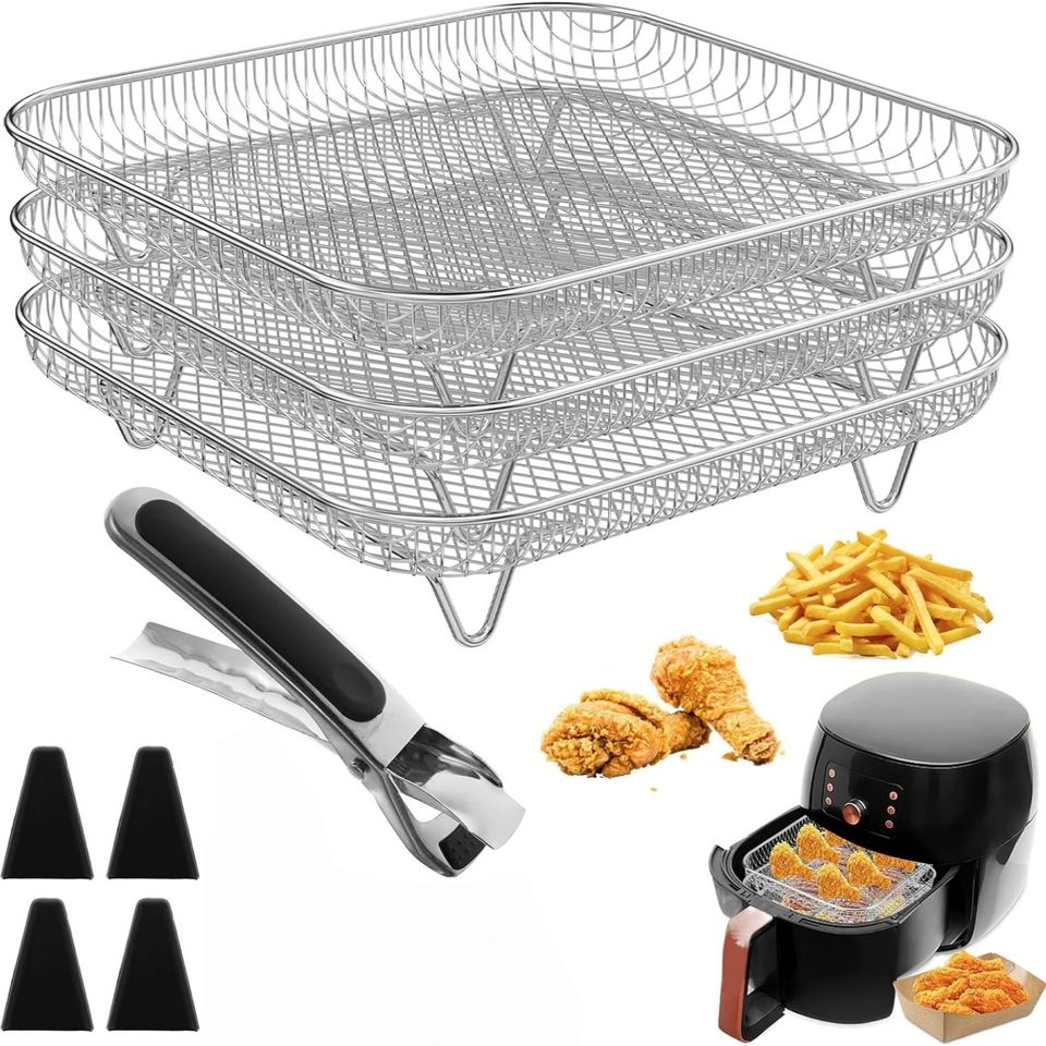 Stackable Hot Air Fryer Basket with Silicone Feet and 1 Pair of Tongs, Accessory Basket for Air Fryers, Ovens, and Pressure Cookers