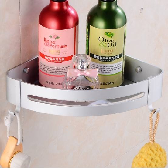 Aluminum Shower Caddy Shelf with Hooks for Bathroom Kitchen Storage Organizer Adhesive No Drilling