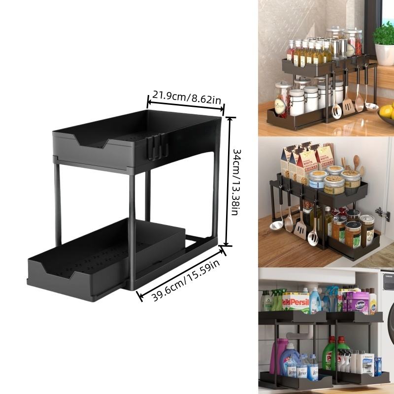 Double Sliding Cabinet Basket Storage Rack with Hooks - Multifunctional Cabinet Storage Shelf Suitable for Household Kitchens