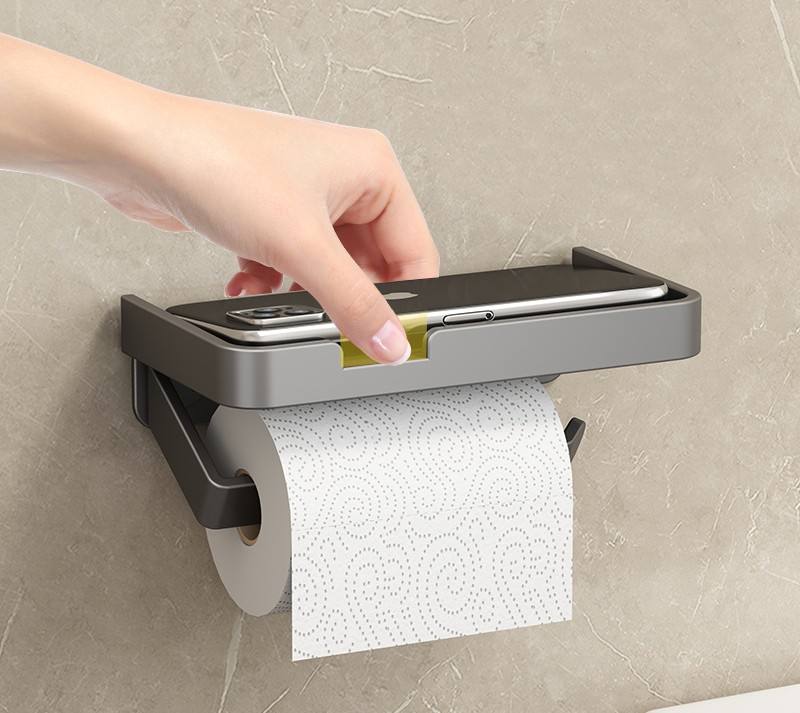 Aluminum Funny Wall Self-Adhesive Tissue Roll Paper Holder No Drill with Storage Shelf