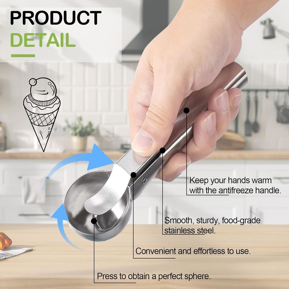 Stainless Steel Ice Cream Scoop with Trigger Release Kitchen Tool for Meatballs, Gelatos, Fruit Balls, Ice Cream Making, Melon Baller
