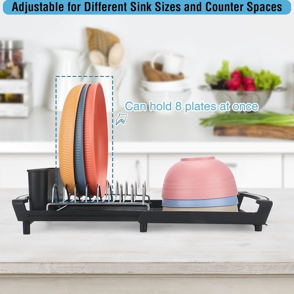 Adjustable Expandable Metal Dish Drying Rack with Non-Collapsible Single-Tier Kitchen Shelf Holder