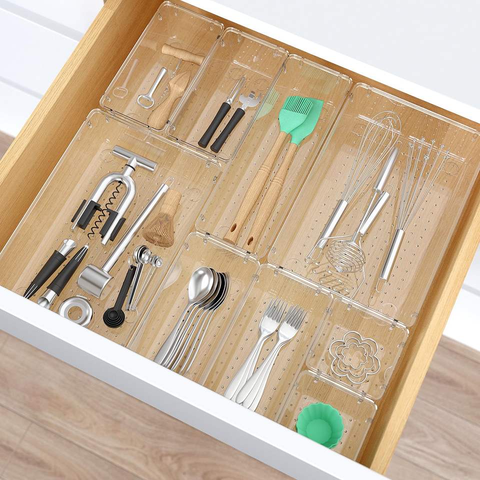 Clear Plastic Drawer Organizers Set of 10/23 Pieces - Keep Your Bathroom, Drawer, Kitchen, and Office Drawers Organized in 4 Sizes