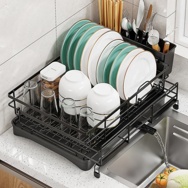 Kitchen Sink Rack and Dish Shelf, Utensil and Cup Storage Rack, Retractable Worktop and Chopsticks Holder