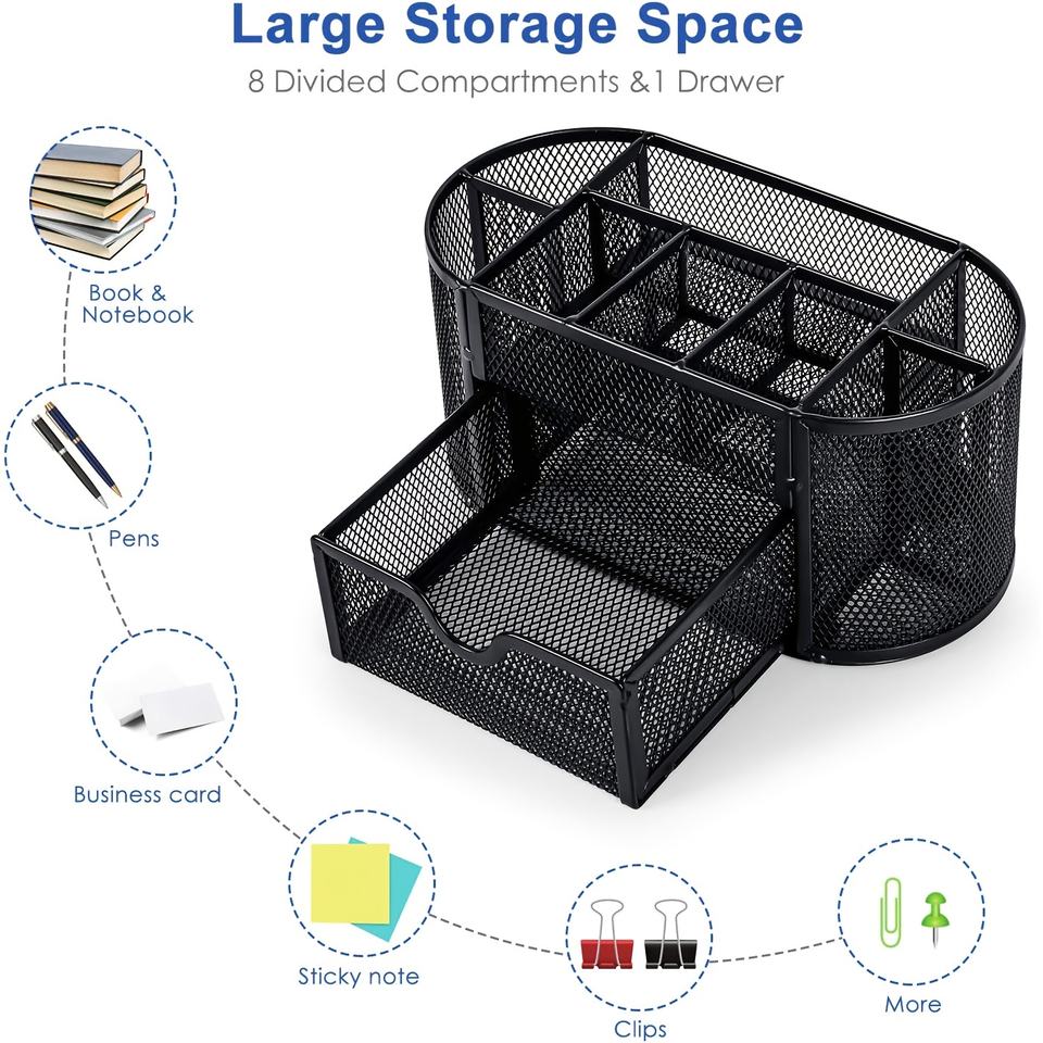 Creative Metal Desk Storage Box with Drawer and 9-Compartment Network Design Pen Holder