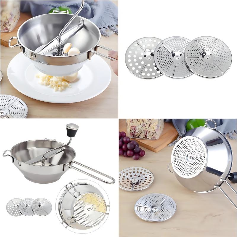 Stainless Steel Kitchen Tool: Manual Chopper for Fruit, Tomato Sauce, Mashed Potatoes with 3 Grinding Discs for Soups, Vegetables, and Canning