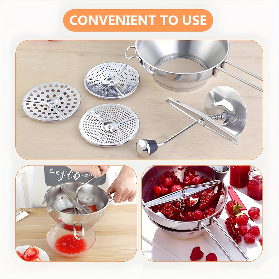 Stainless Steel Kitchen Tool: Manual Chopper for Fruit, Tomato Sauce, Mashed Potatoes with 3 Grinding Discs for Soups, Vegetables, and Canning