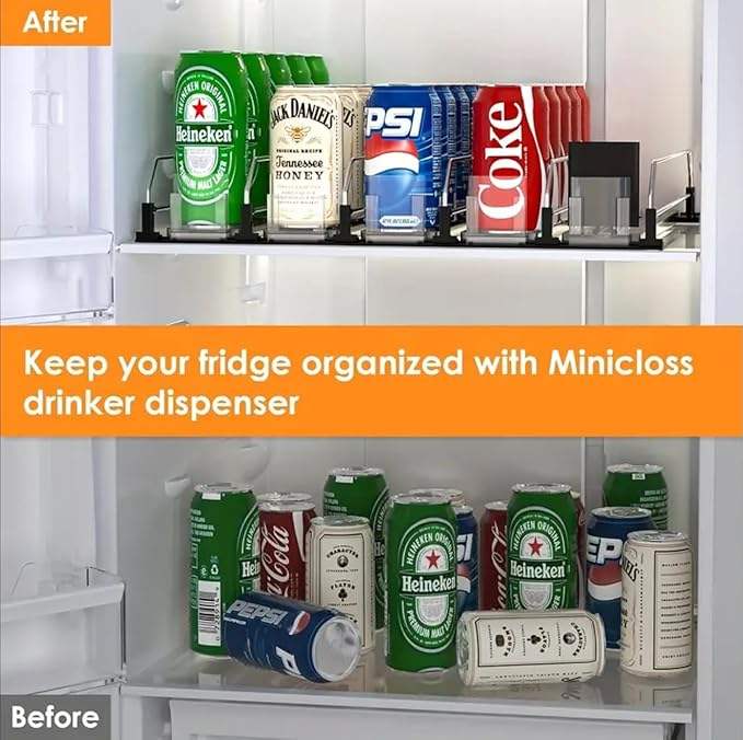 Automatic Beverage Dispenser with Sliding Function for Refrigerator, Drink Organizer for Cans and Bottles