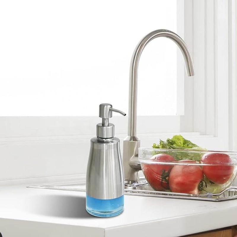 Stainless Steel Non-Slip Soap Dispenser with Glass Insert, Hand Pump for Kitchen/Bathroom - Refillable, 300 ml Capacity