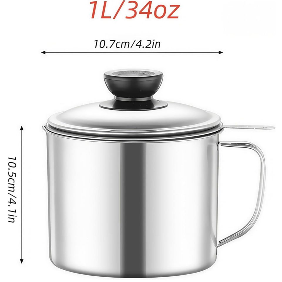 Large Stainless Steel Oil Container with Lid Household Kitchen Filter Net for Storing and Filtering Oil Residues from Bacon Category Bowls