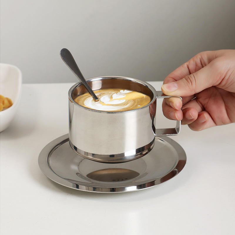 Stainless Steel Coffee Cup Set with Spoons and Tray, Double-Walled Espresso Cups, Suitable for Coffee, Latte
