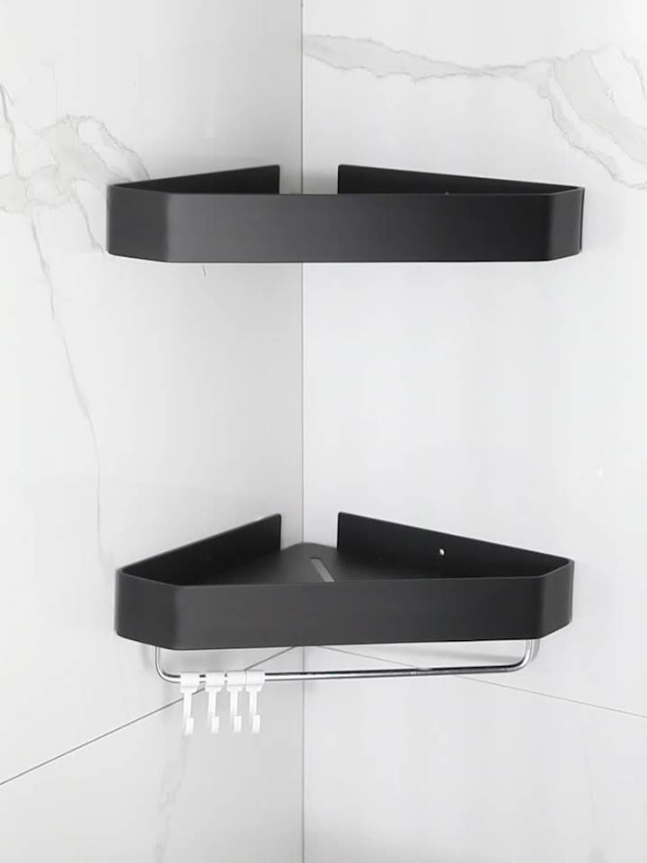 Aluminum Corner Shower Caddy, Bathroom Storage Shelf with Hooks, Triangular Wall Mounted Bathroom Rack