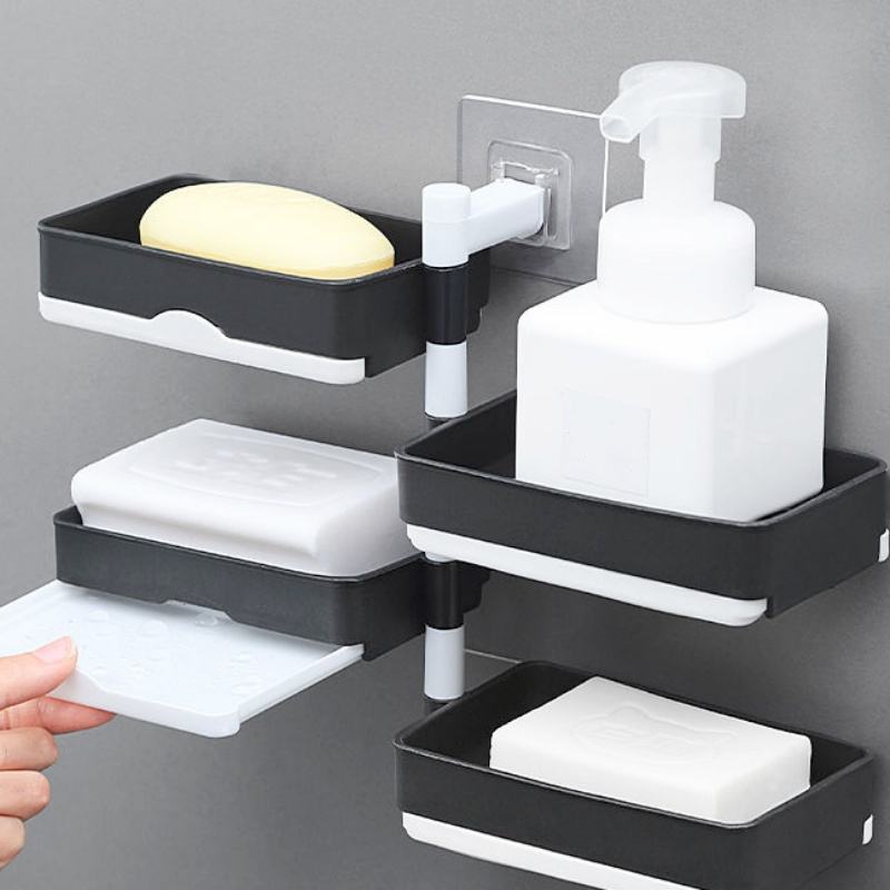 Rotatable 2/3/4 Layer Wall-Mounted Square Drain Soap Box Bathroom Storage Holder No Drilling Required