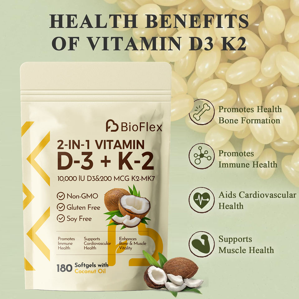High-Quality Natural Sunlight Vitamin Complex Supplement 2-in-1 Powerful Formula Vitamin D3 10000 IU & 200mcg K2-MK7 Softgels