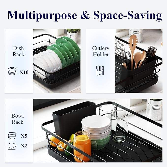 Space-Saving Dish Drying Rack for Kitchen Countertop and Sink with Utensil Holder