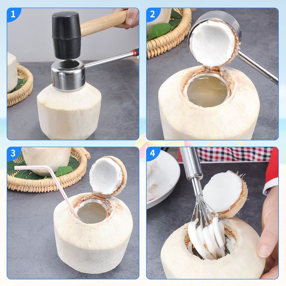 Premium Stainless Steel Coconut Opener Set with Rubber Mallet and Wood Handle Shell Cutter