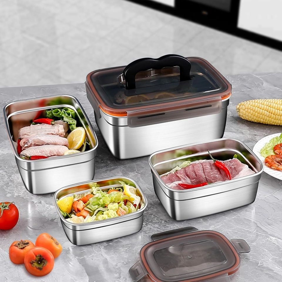 304 Stainless Steel Leak-proof Bread Storage Box Fresh Bento Container Transparent Lid Microwave-Safe 1/3/4 Pieces Multifunctional Food Storage