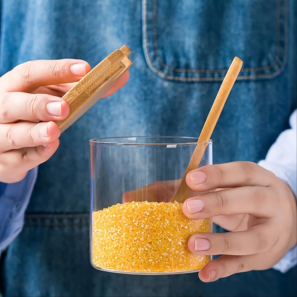 Japanese Glass Spice Jar Storage Set with Bamboo and Wooden Lid