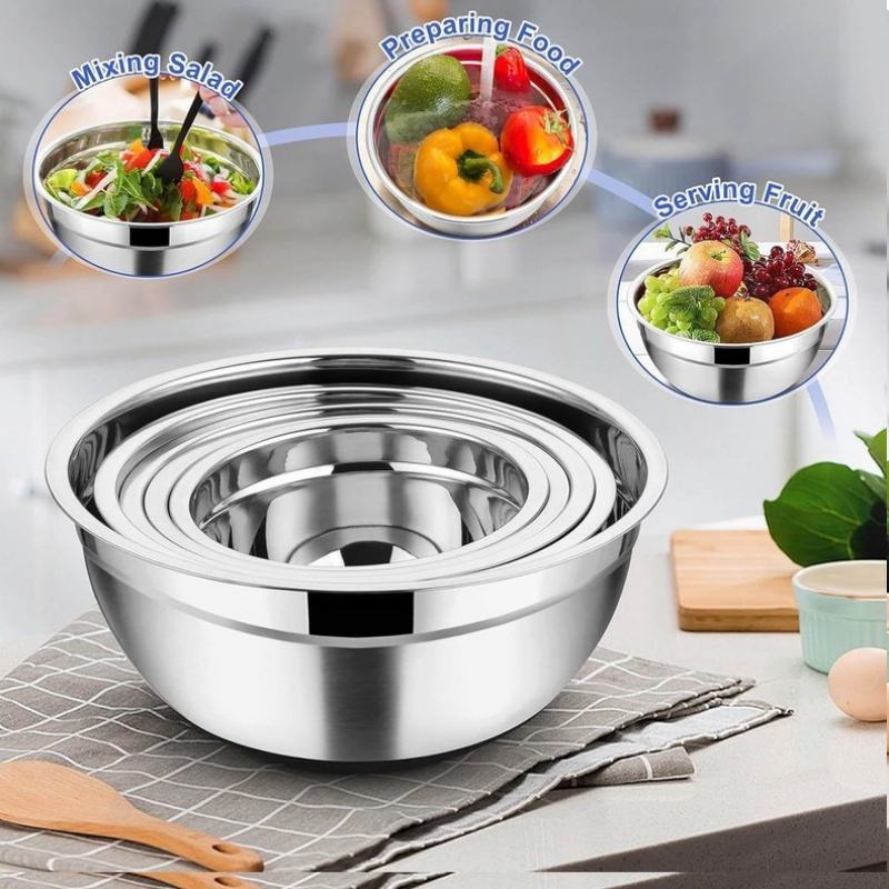 5-Piece Stainless Steel Mixing Bowl Set with Lids, Non-Slip Base, for Beating Eggs, Kneading Dough, Baking, Mixing, and Salad Preparation