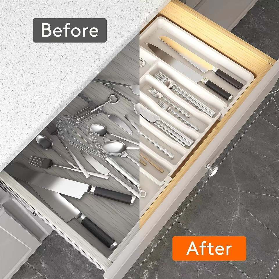 Expandable Kitchen Utensil Tray Plastic Utensil Organizer for Home Use Cutlery Drawer Organizer