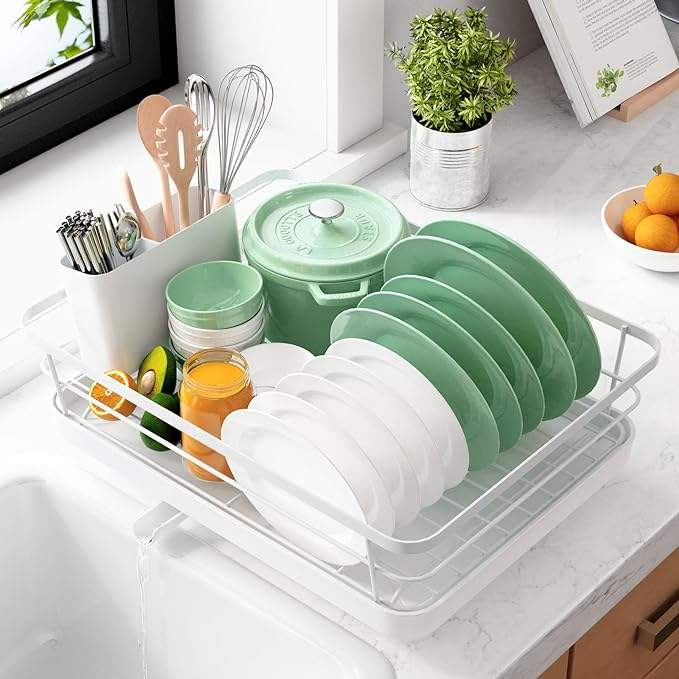 Space-Saving Dish Drying Rack for Kitchen Countertop and Sink with Utensil Holder