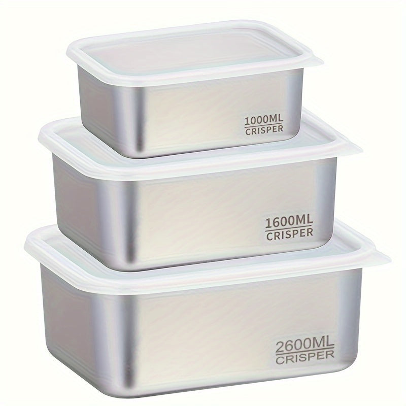 Stainless Steel 3-Piece Food Storage Set with Lid - Multi-Purpose Container for Home Use - Crisper Box for Fruits/Vegetables/Meat