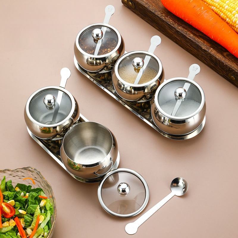 Stainless Steel Kitchen Spice Jar Set Salt Shaker Spice Dispenser Glass