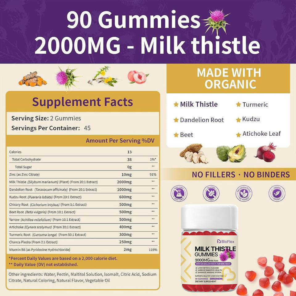 OEM 2000mg Silymarin Milk Thistle Dietary Supplement Gummies Liver Health Support Gummies with Artichoke, Dandelion & Turmeric Curcumin
