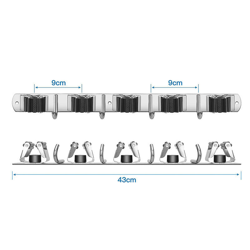 Stainless Steel Mop Holder Self-Adhesive Wall-Mounted Broom and Mop Organizer with Hooks for Kitchen/Bathroom/Office