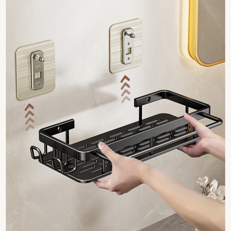 Black Bathroom Shelf Organizer Rack with Self-Adhesive Wall Mount for Bathroom Accessories