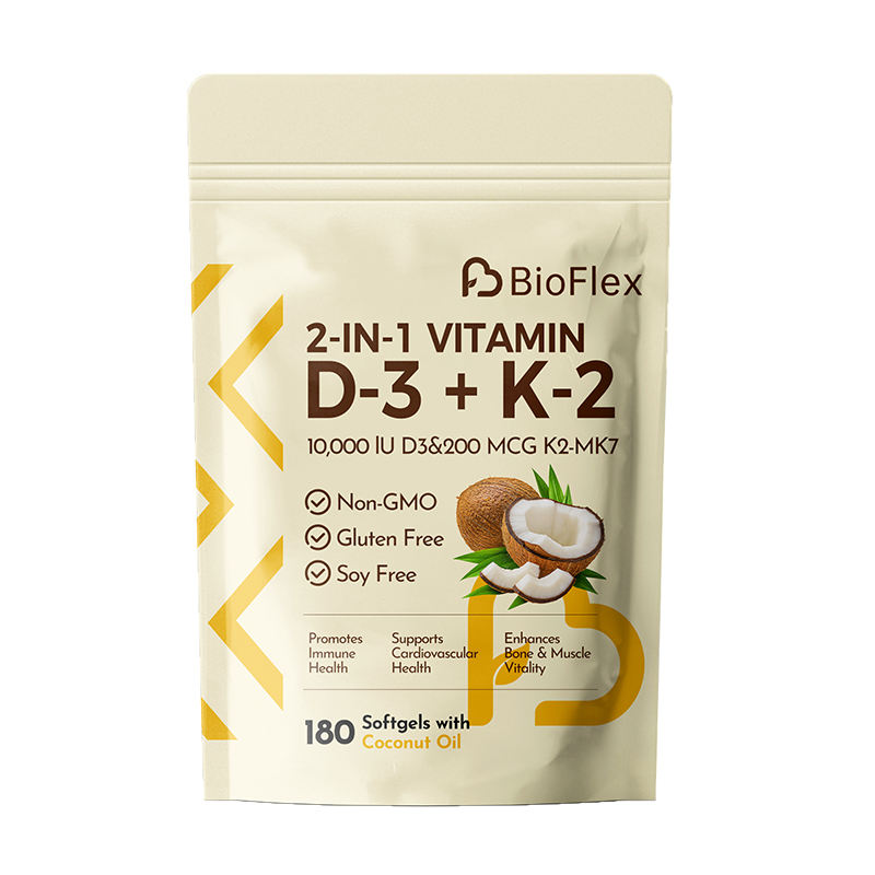 OEM Private Label High Absorption Vitamin D3 10000 IU Plus K2 (MK-7) 200 µg Softgel Capsules Dietary Supplement with Coconut Oil