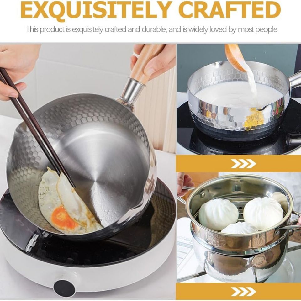 Japanese Style Stainless Steel Flat Bottom Household Food Pot with Wooden Handle for Milk Pan and Soup Pots