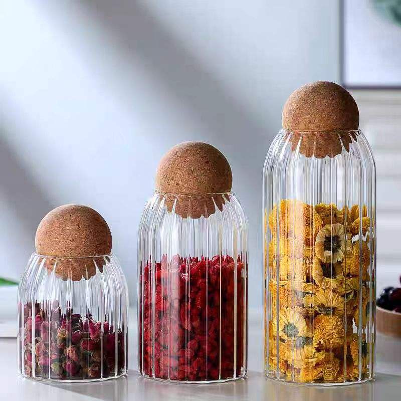 Round Cork Glass Storage Jars Set, Coffee Bean Canister, Kitchen Grain Storage Canister, Moisture-Resistant Storage Bottle