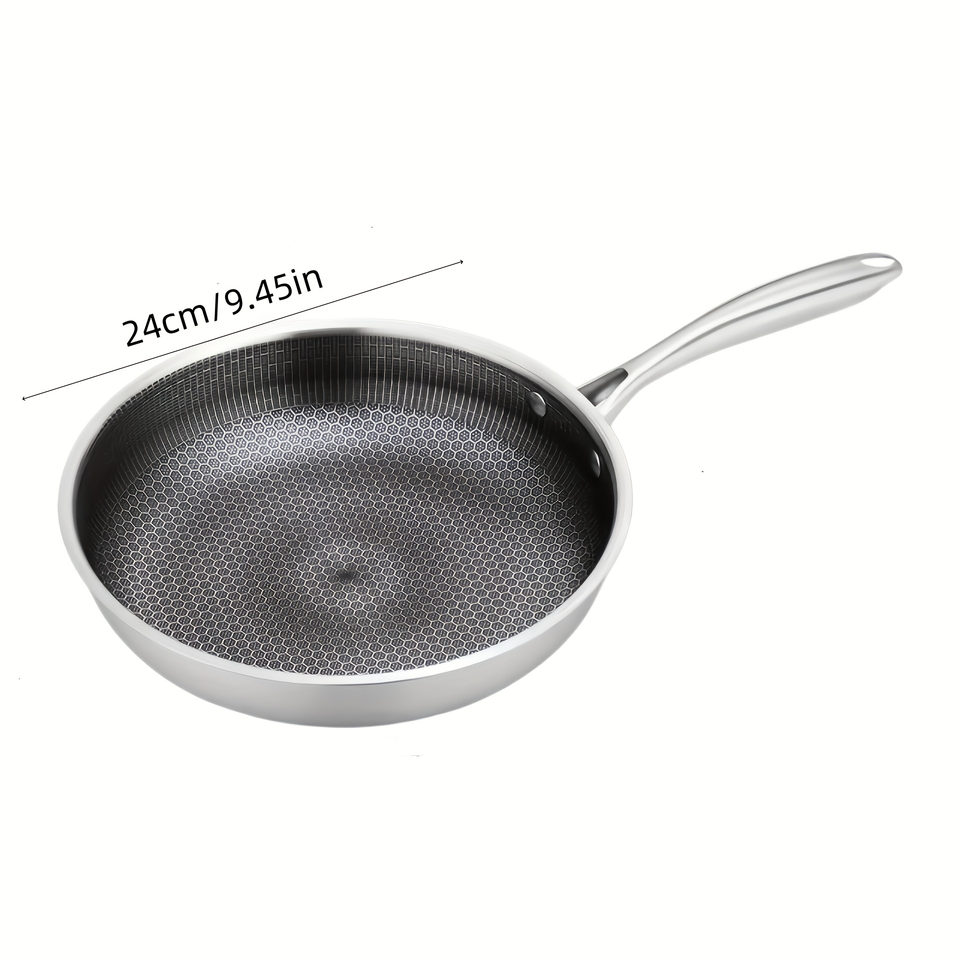 High-Quality Stainless Steel Frying Pan with Non-Stick Honeycomb Surface, Long-Handled Flat Pan for All Ovens