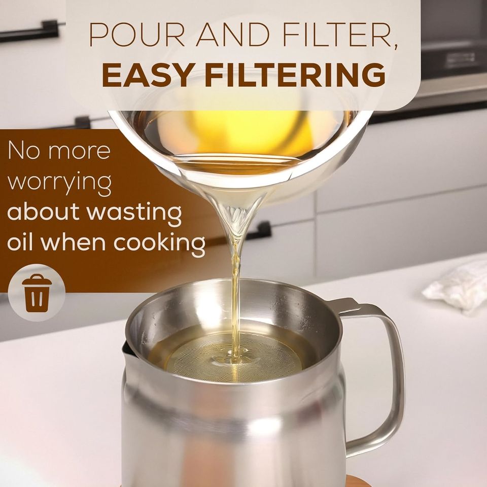 304 Stainless Steel Food-Grade Mesh Oil Filter Pot Multifunction Large Oil Kettle Bottle 1.5L/2.0L Oil Strainer French