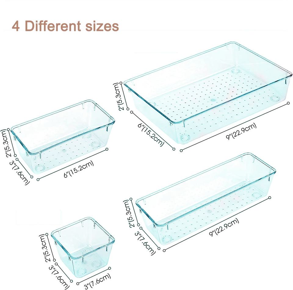 Stackable Clear Acrylic Kitchen Accessory Plastic Drawer Organizer Set of 4 Different Sizes for Cosmetics and Jewelry
