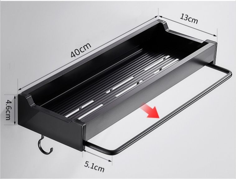 Bathroom Organizer Shelf with Hooks | Self-Adhesive Black Bathroom Storage Rack
