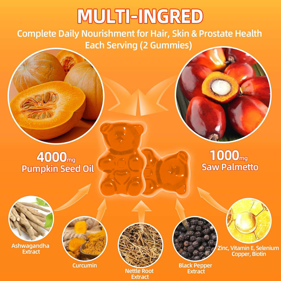 5200mg Cold-Pressed Pumpkin Seed Oil Extract Gummies with Biotin & Ashwagandha for Hair Growth, Prostate, and Skin Health